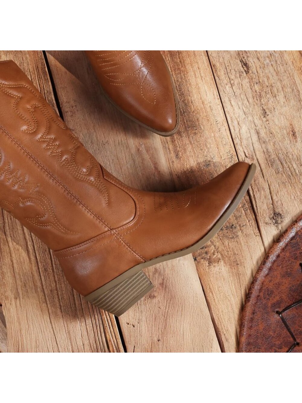 DREAM PAIRS Women's Tan Faux Leather Mid-Calf Classic Comfort Cowboy Boots - Picture 4 of 6